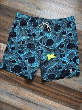 Psycho Bunny Men's Black & Teal Wave-Pattern Swim Trunks
